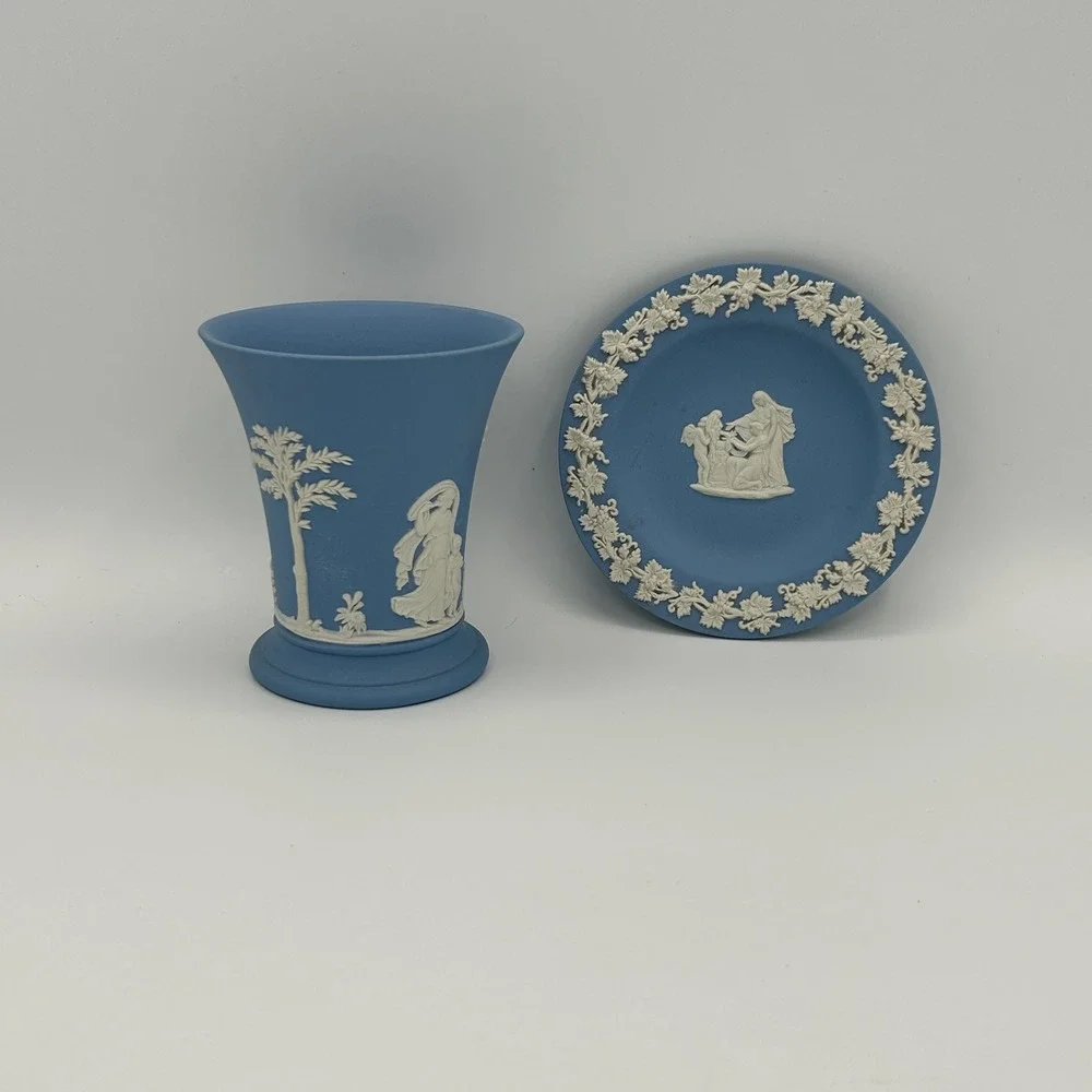 Vintage Wedgwood Blue Jasperware Vase Saucer Set Classical Relief Stoneware 3.5